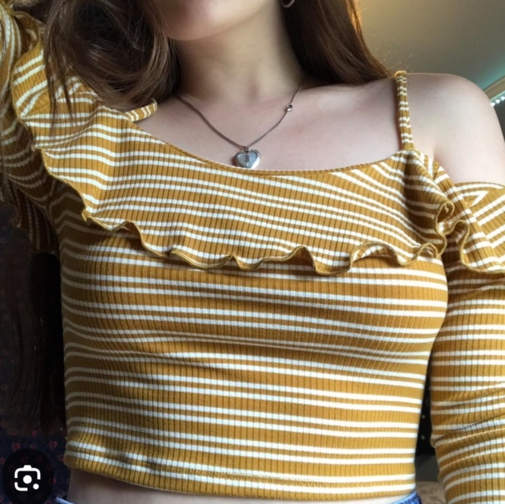 Forever 21 Mustard Striped Ruffle Crop Top Size S